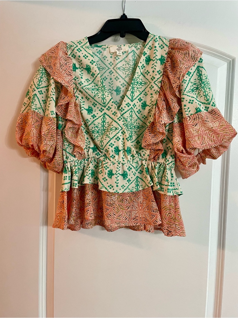 entro Green & Coral Printed Ruffle Peplum Blouse